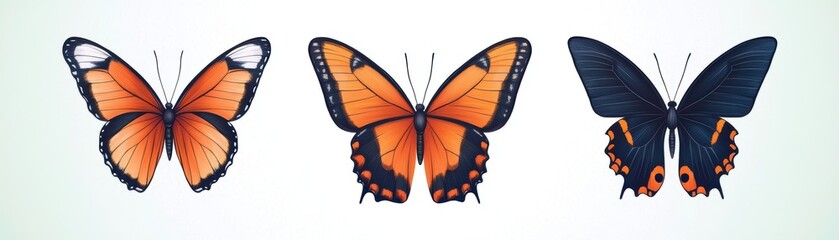 Fototapeta premium Three beautifully illustrated butterflies vibrant orange and black patterns