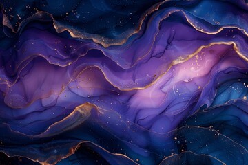 Naklejka premium Abstract Alcohol Ink Painting Modern Art in Blue Purple Pink Black with Gold Details Golden Lines Natural Luxury Fluid Art Mixing Colors Transparent Waves Golden Swirls Wallpaper Poster Print