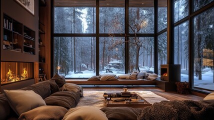 Cozy living room with fireplace, large windows overlooking snowy forest,  comfortable seating and wooden floors.
