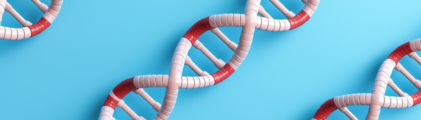 This image features a stylized representation of DNA strands on a blue background, genetic structure and molecular biology.
