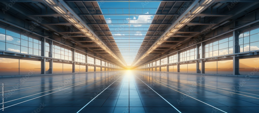 Poster empty industrial building with large windows and a view of the sunset.