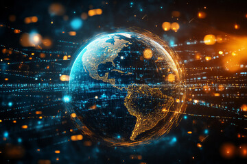 Obraz premium High-Tech Digital Globe Representing Global Connectivity, Cybersecurity, and Data Networks in a Futuristic World