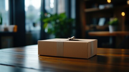 Brown gift box on wooden table in a cozy workspace with plants.