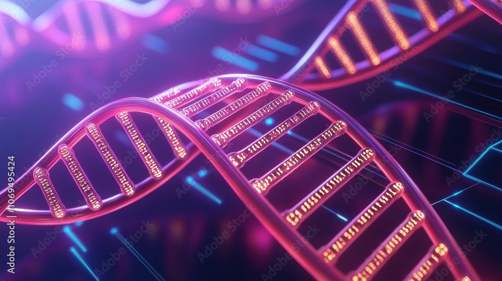 Poster a vibrant, digital representation of dna strands intricate structures and glowing elements
