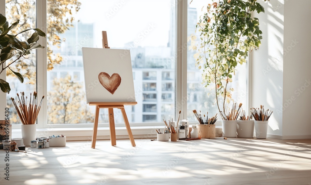 Poster an easel with a heart painting in front of a large window with a cityscape view, surrounded by art s