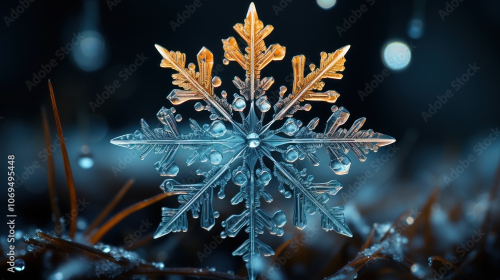 Poster a single snowflake with intricate details, illuminated by a soft light, with raindrops on the backgr
