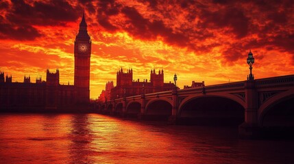 Dramatic sunset over Big Ben and the Houses of Parliament in London.