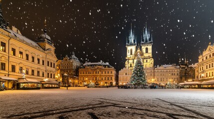 Fototapeta premium Magical Winter Night in Prague with Snow and Christmas Tree