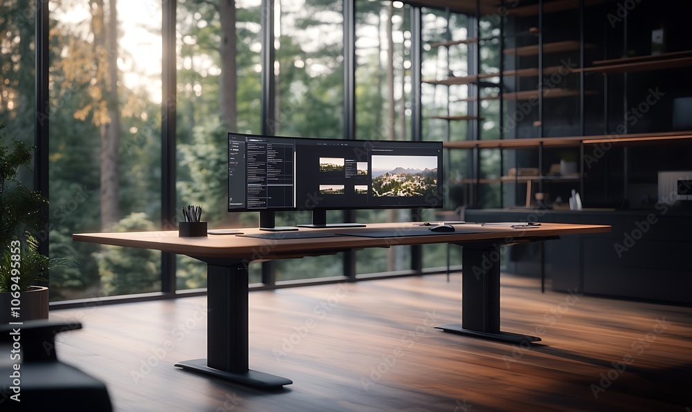 Poster a modern workspace featuring dual monitors on a sleek wooden desk, surrounded by large windows with 