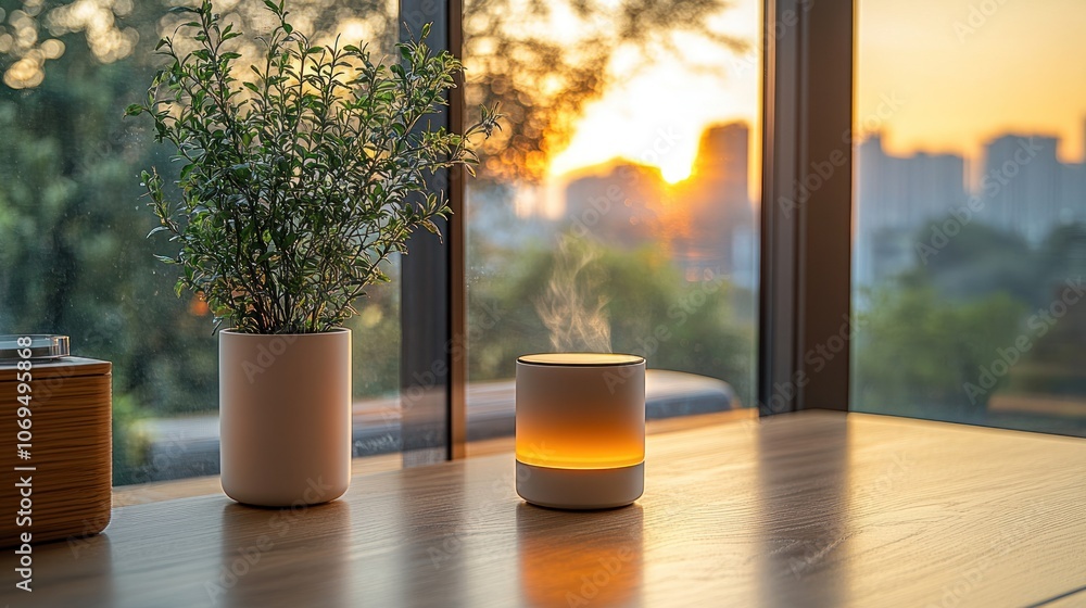 Poster a modern essential oil diffuser sits on a wooden table in front of a large window with a cityscape a