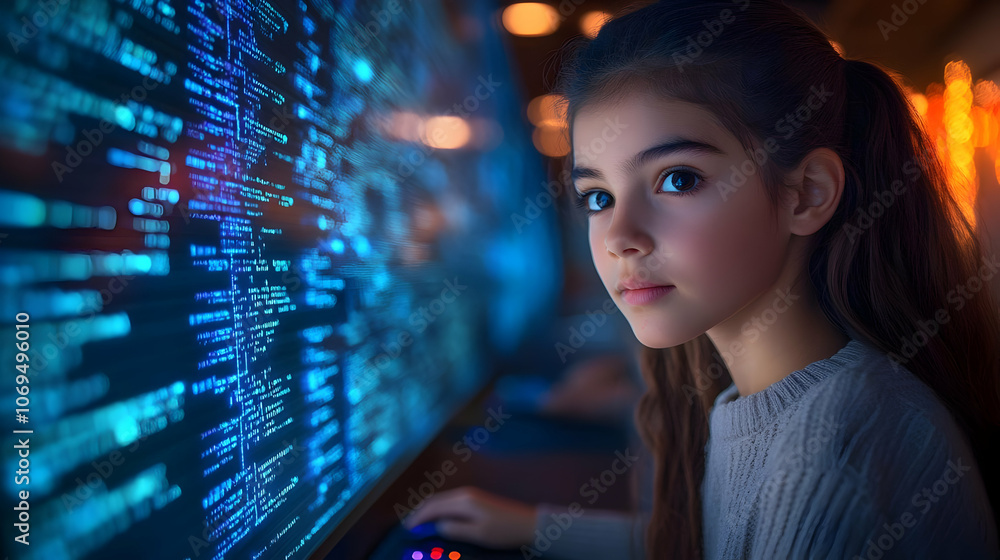 Poster young girl looking at computer screen with code - realistic image