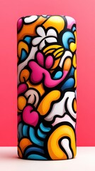 Colorful abstract design on cylindrical surface, vibrant patterns, pink background.