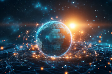 Obraz premium High-Tech Digital Globe Representing Global Connectivity, Cybersecurity, and Data Networks in a Futuristic World