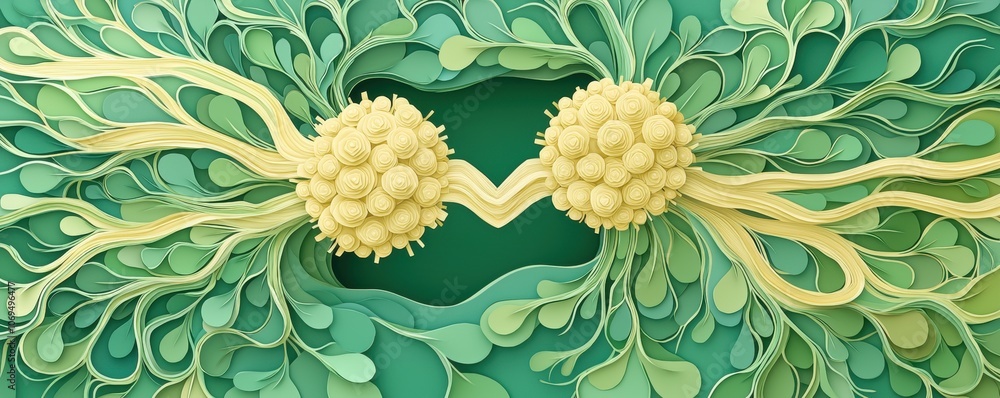 Poster a vibrant, artistic representation featuring two interconnected forms surrounded by green, leafy pat