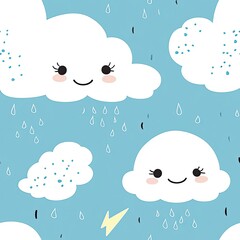Smiling Clouds with Rain and a Lightning Bolt in a Blue Sky