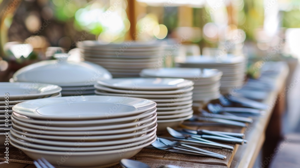 Poster defocused plates and utensils neatly arranged on the party table ready for guests to indulge in the 