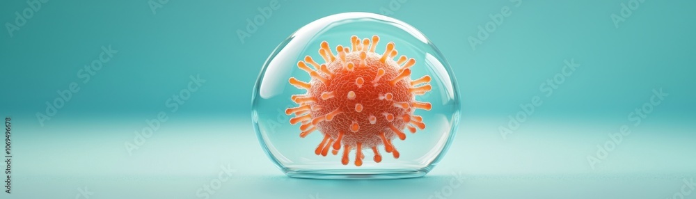 Poster a stylized representation of a virus, enclosed in a transparent sphere