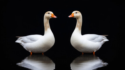 pair of golden geese gracefully reflected in mirrored water, showcasing their elegant posture and vibrant colors against dark backdrop. serene scene evokes sense of tranquility and beauty