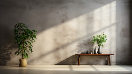 A minimalist interior with a large, empty wall and a wooden bench with two vases and a plant in front of it. The wall is concrete and the floor is wood.