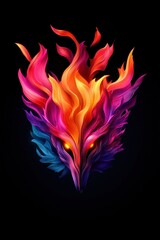 Colorful abstract fox design with flames on a black background.