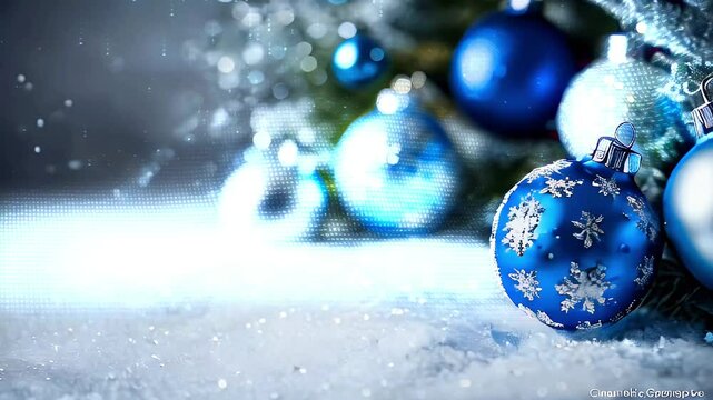Close up of a blue Christmas ornament with snowflake design, resting on a bed of white snow.