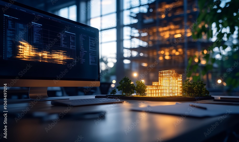 Poster A modern workspace showing a computer with digital architecture designs next to a miniature illuminated building model under soft indoor lighting.