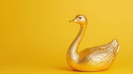 Fototapeta premium decorative golden goose figurine stands elegantly against vibrant yellow background, showcasing its intricate details and shiny surface. This charming piece adds touch of whimsy and luxury to any
