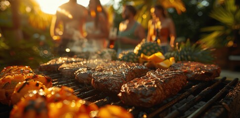 Friends having a joyful evening barbecue with tropical fruits and steaks, enjoying drinks and laughter under warm golden sunlight