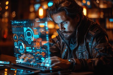 Businessman Managing Project Plan on Laptop with Gantt Chart and Virtual Screen