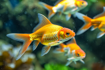 Fototapeta premium Golden Yellow Comet Goldfish with Vibrant Orange Fins and Tail in a Freshwater Aquarium