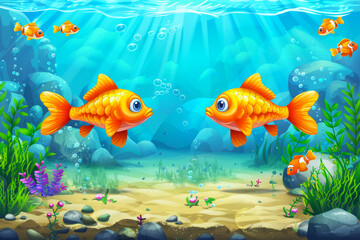 Naklejka premium Two Golden Fish Meet in an Underwater Paradise, a Vibrant Cartoonish Illustration of Marine Life