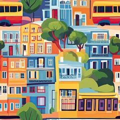 Colorful Cityscape with Buildings, Trees, and Buses