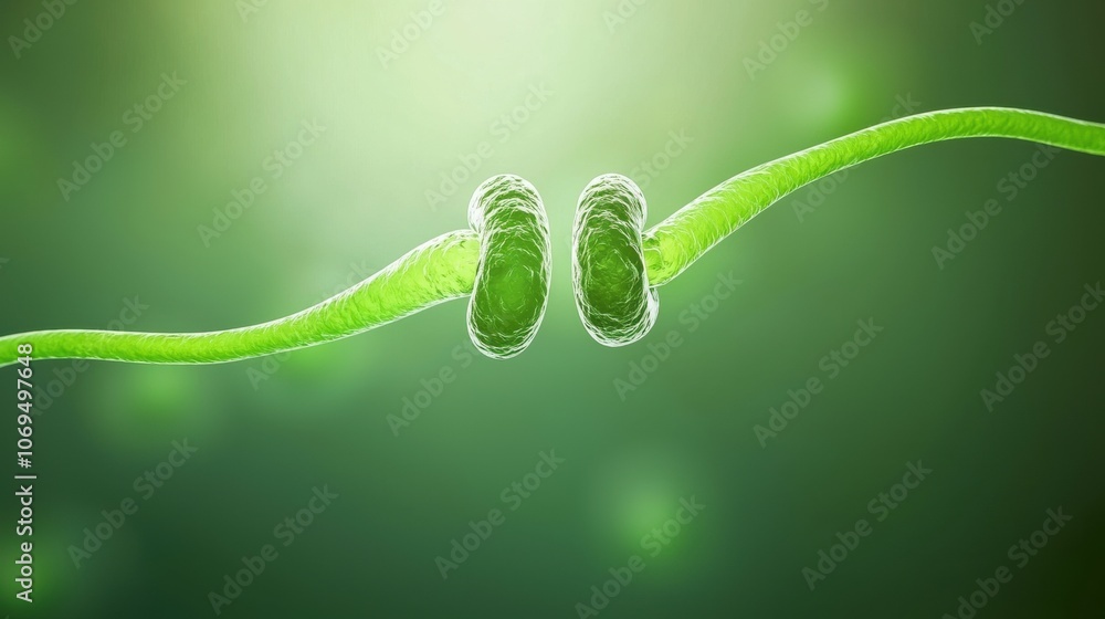 Poster a microscopic view of green cellular structures connected by thin filaments