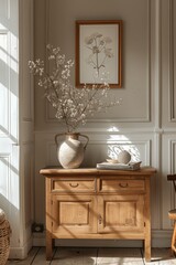 Elegant Sideboard with Wooden Frames, Sunlit Minimalist Interior