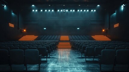 Naklejka premium Empty Theater with Stage and Dramatic Lighting