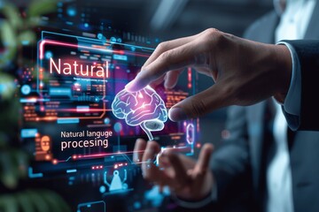 businessman interacting with AI virtual screen showcasing natural language processing and digital brain technology on holographic interface