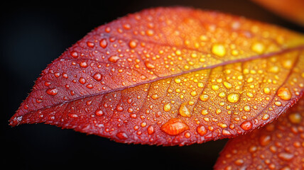 Vibrant red and orange leaf with water droplets, showcasing nature beauty