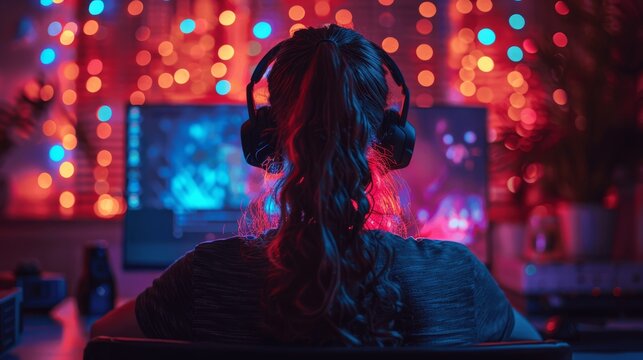 young gamer guy playing pc computer game with headphones in dark room with led lights sitting on gaming chair at desk with monitor keyboard mouse action night