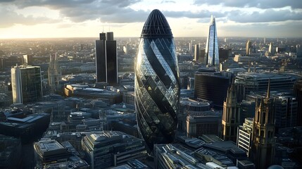 The modern and futuristic architecture of the Gherkin in London