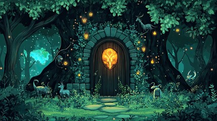 Enchanting Forest Doorway with Glowing Lanterns and Mystical Creatures