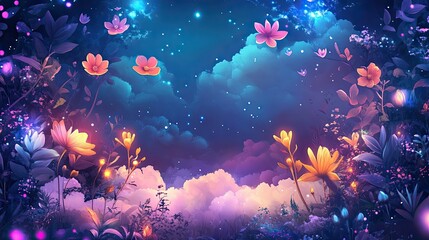 Fototapeta premium Enchanted Forest with Flowers and Glowing Lights Under a Night Sky