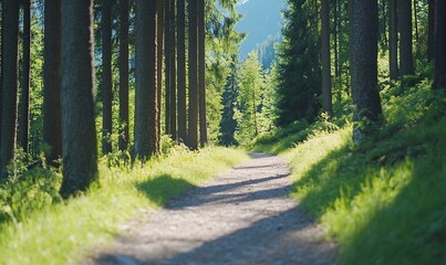 Fototapeta premium A winding path through a lush green forest, sunlight dappling through the trees.