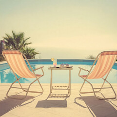 Vintage Poolside Lounge at Dawn with Pastel Psychic Glow