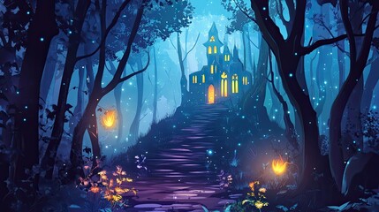 A Mystical Castle Beckons Through a Dark Forest Lit By Faerie Lights