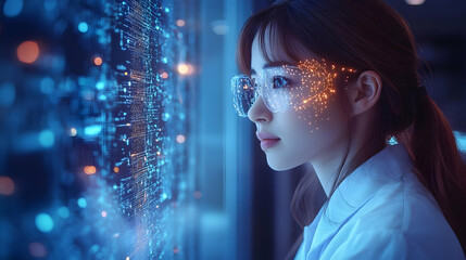 Woman in White Lab Coat Looking at a Digital Screen with Lights