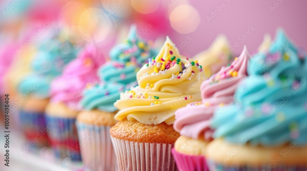 Poster soft focus on a row of cupcakes each decorated with colorful frosting and topped with sprinkles.