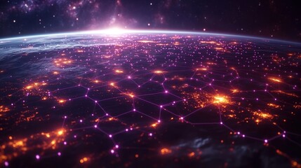 Fototapeta premium A futuristic depiction of Earth with glowing city lights and abstract network connections.