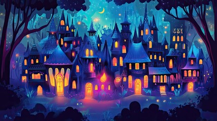 A Nighttime View of a Magical Village with Illuminated Towers and Windows