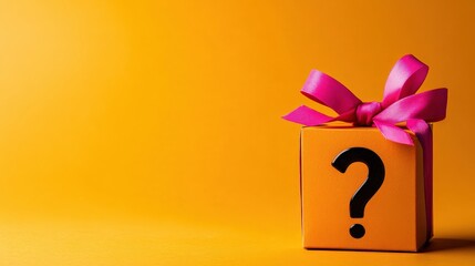 Colorful gift box with a question mark on an orange background.