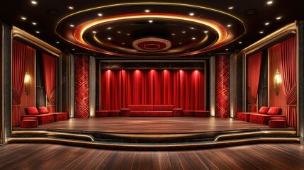Elegant Theater Stage with Red Curtains and Modern Design